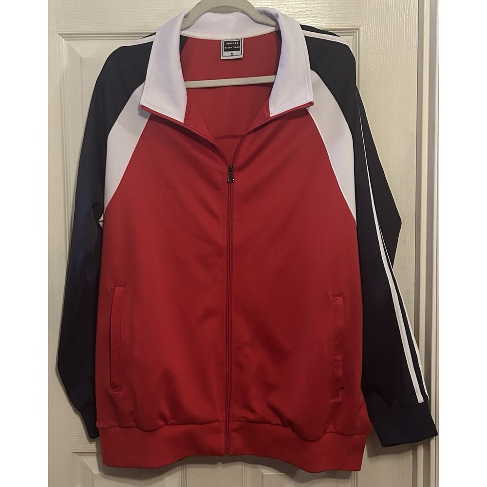 Sports Essentials Mens XL Track Jacket Red Navy Blue White Colorblock Full Zip